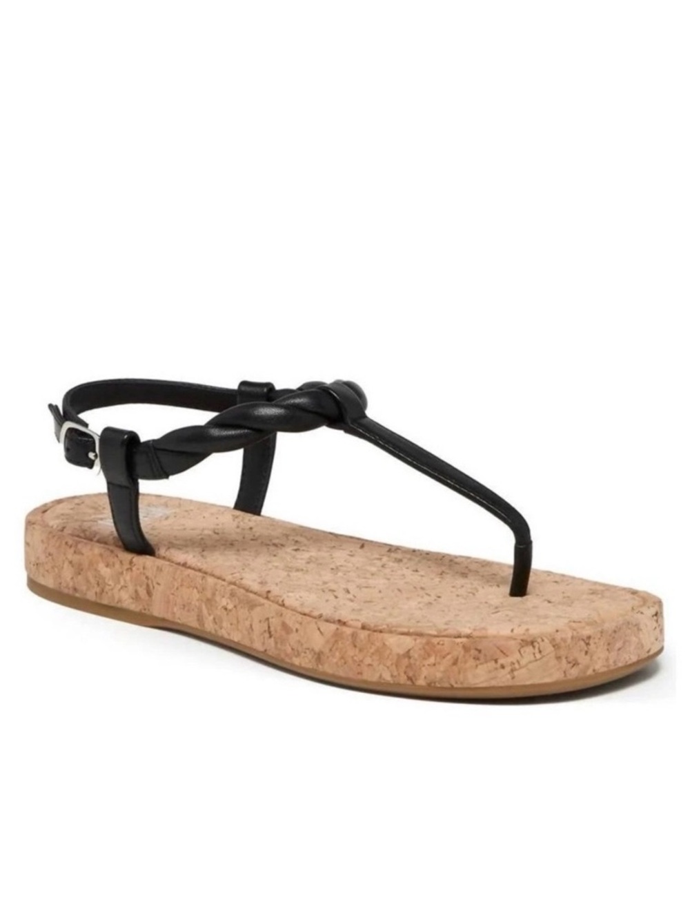 NWOB Paige Dawn Twisted T Strap Black Leather Cork Sole Sandals Women’s Size 9.5